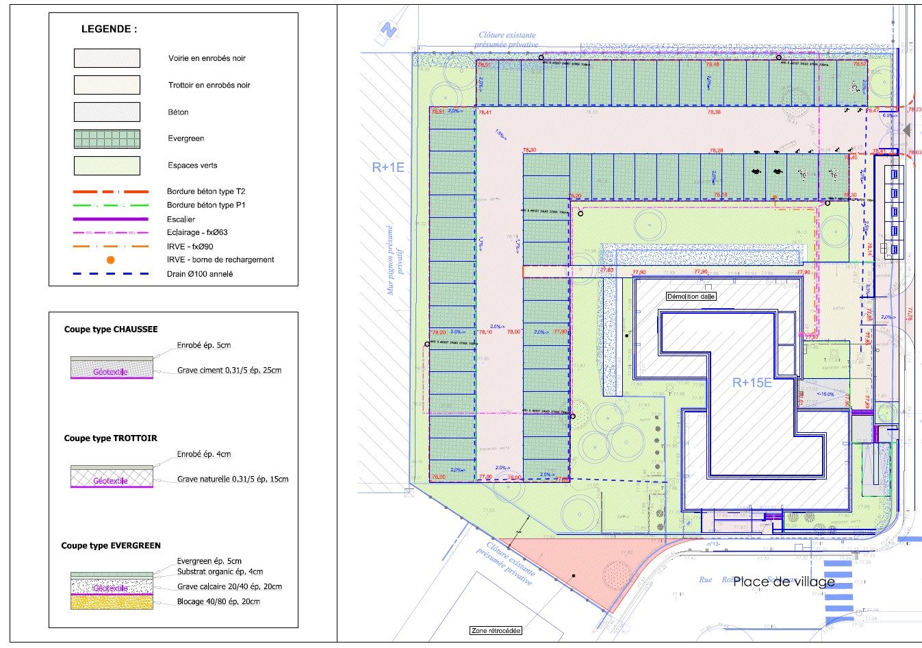 Plan d’aménagement de parking et plateformes VRD : pentes, stationnements, accès