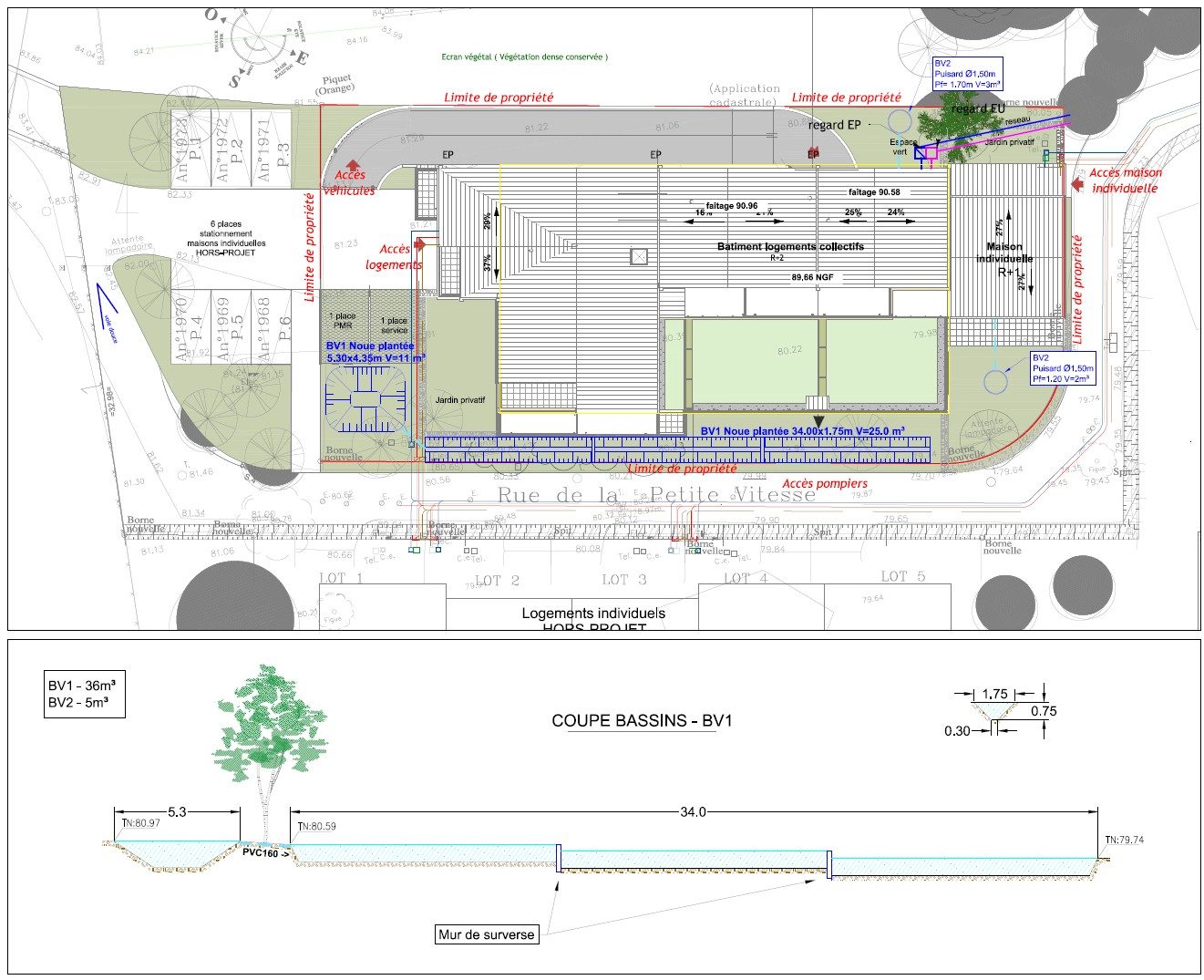 Plan réseaux EP : noues, regards, raccordements et ouvrages de gestion