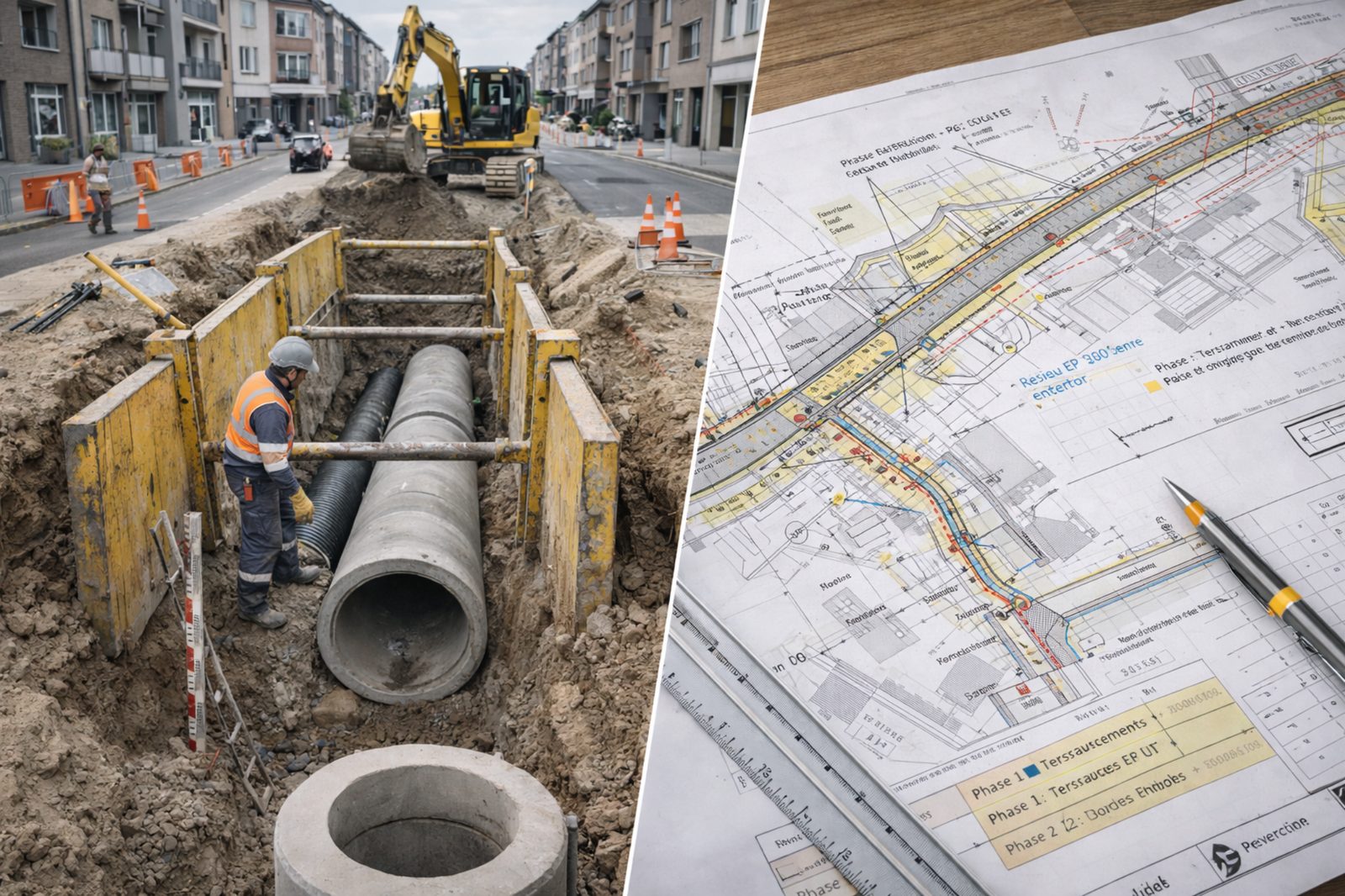 Chantier réseaux EP : tranchées, pose et contrôles en milieu urbain